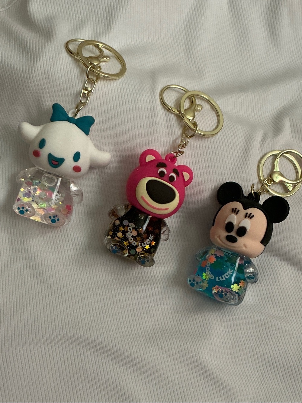 Cute Character Glitter Keychain Trio - White, Pink, Black